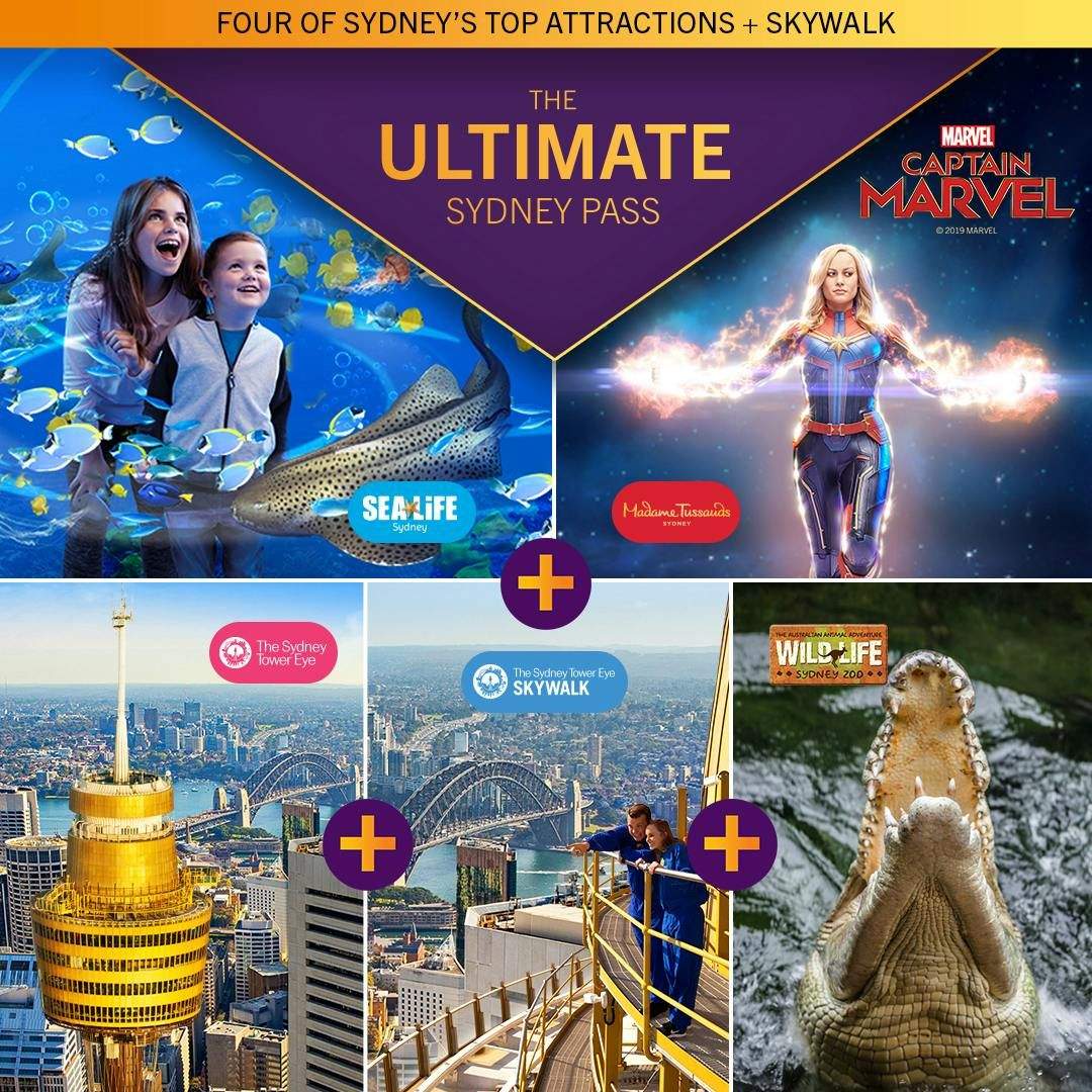 Promotional collage for "The Ultimate Sydney Pass," featuring SEA LIFE, Madame Tussauds, Captain Marvel, Sydney Tower Eye, Skywalk, and WILD LIFE Sydney Zoo.
