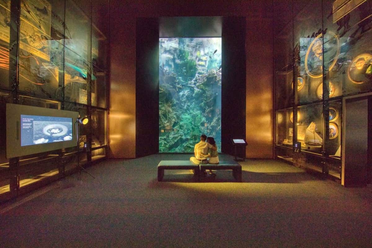 La Cité de la Mer: Entry Ticket A couple sits on a bench, facing a large illuminated aquarium in a dark gallery with display cases on both sides.