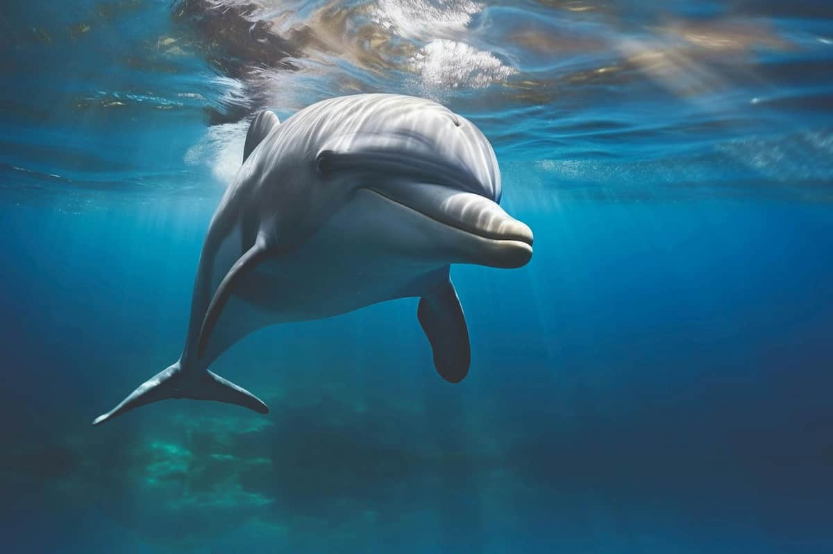 Marineland Mallorca: Skip The Line Ticket A dolphin swimming underwater surrounded by clear blue water and sunlight filtering from above.