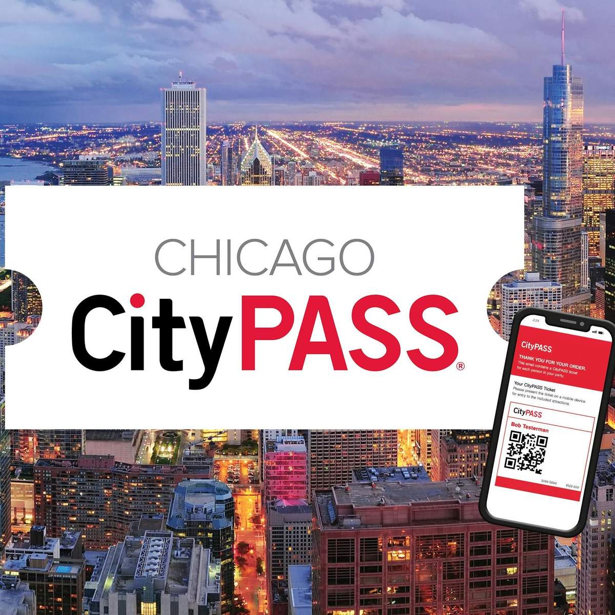 Chicago CityPASS logo over a cityscape showing Chicago's skyline at dusk, with a smartphone displaying the CityPASS ticket.