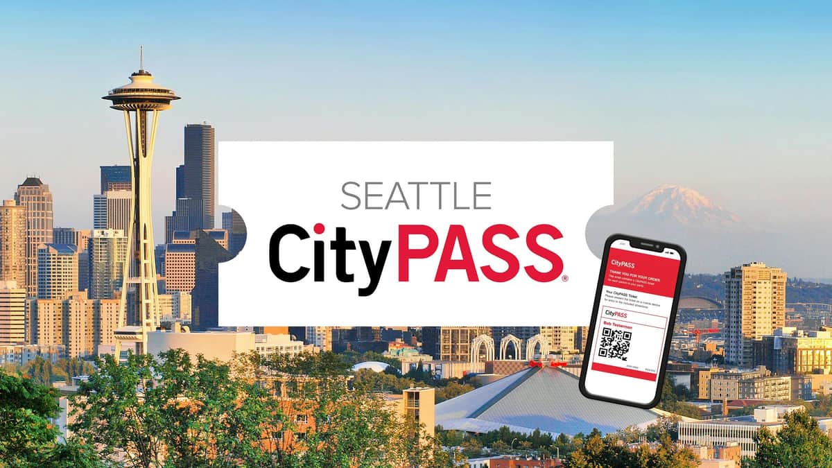 Seattle CityPASS® Seattle skyline with CityPASS logo in the center and a smartphone displaying a digital CityPASS ticket on the right side.