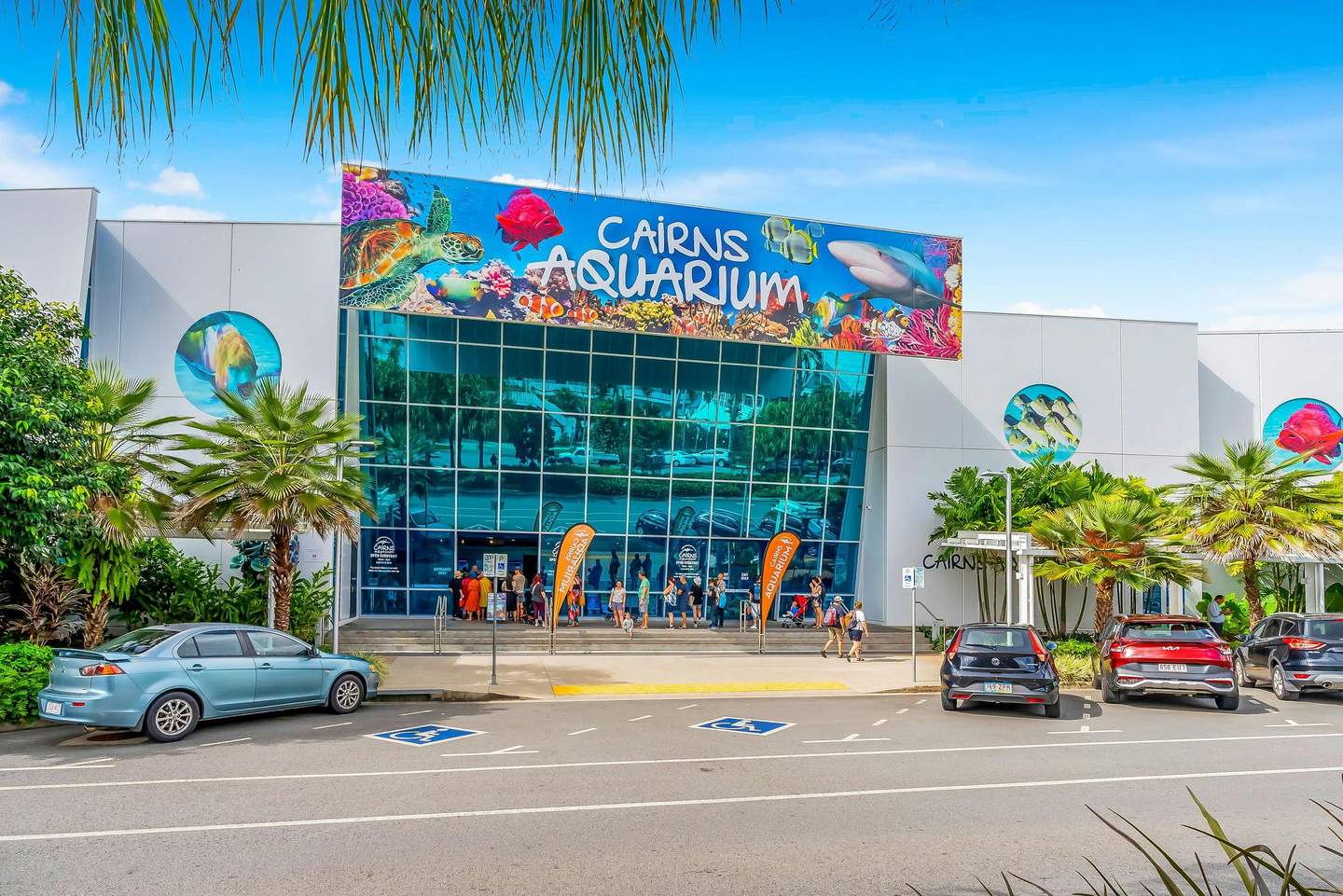 Cairns Aquarium Visitors standing outside Cairns Aquarium entrance with colorful marine life banner, surrounded by tropical plants and parked cars.